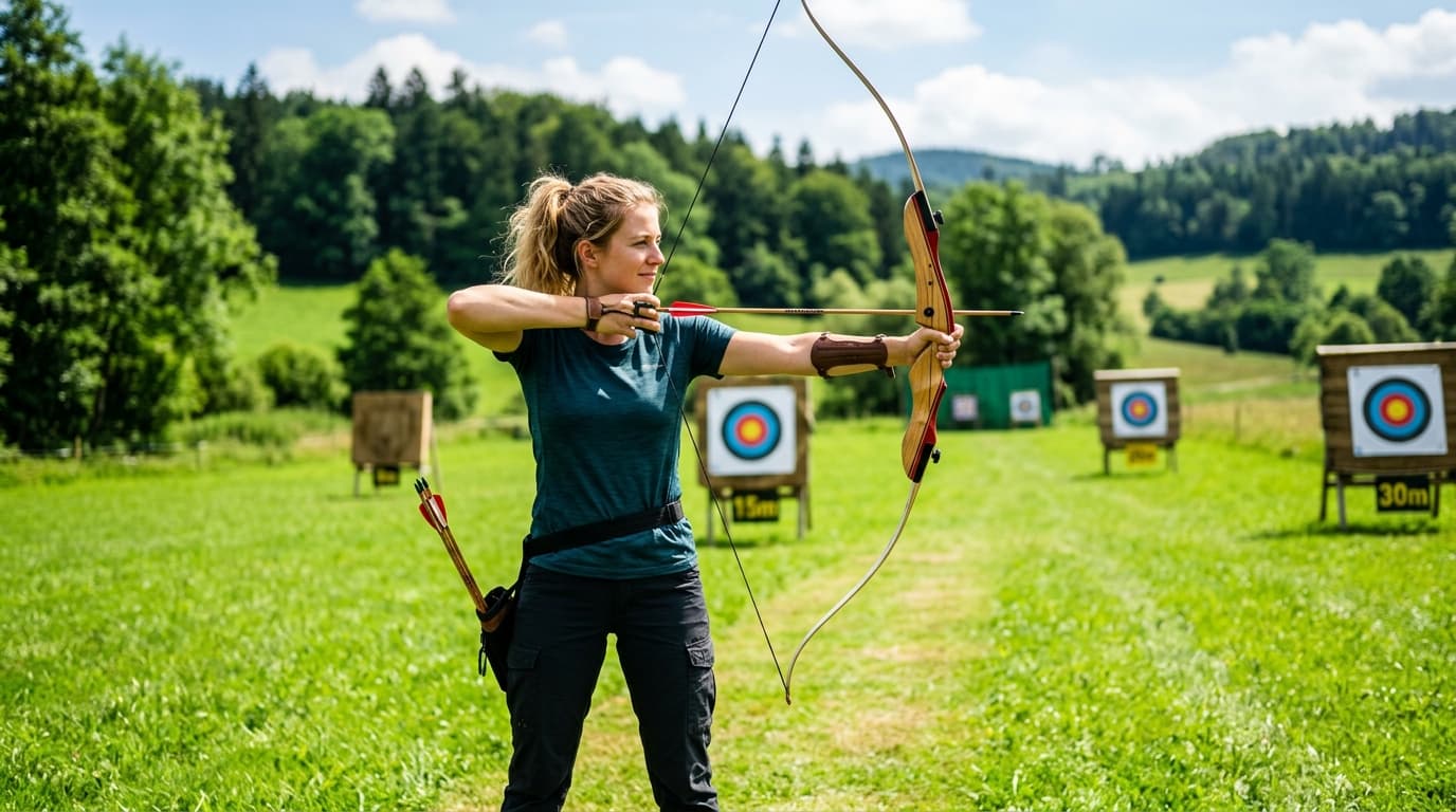 Archer drawing a bow on an outdoor range
